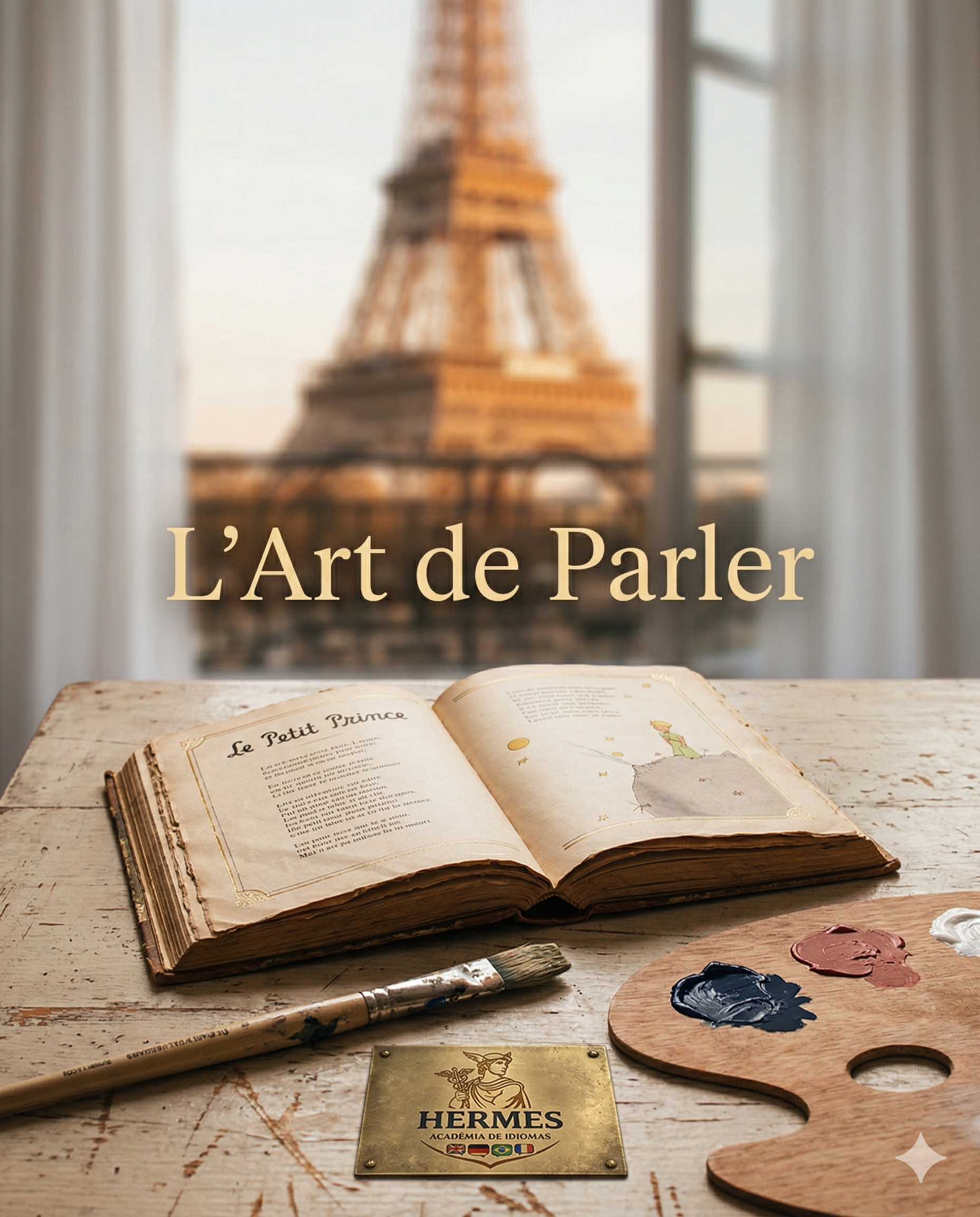 Rincón de estudio artístico con pincel, libro antiguo y café, representando las clases de francés en Hermes Academia.