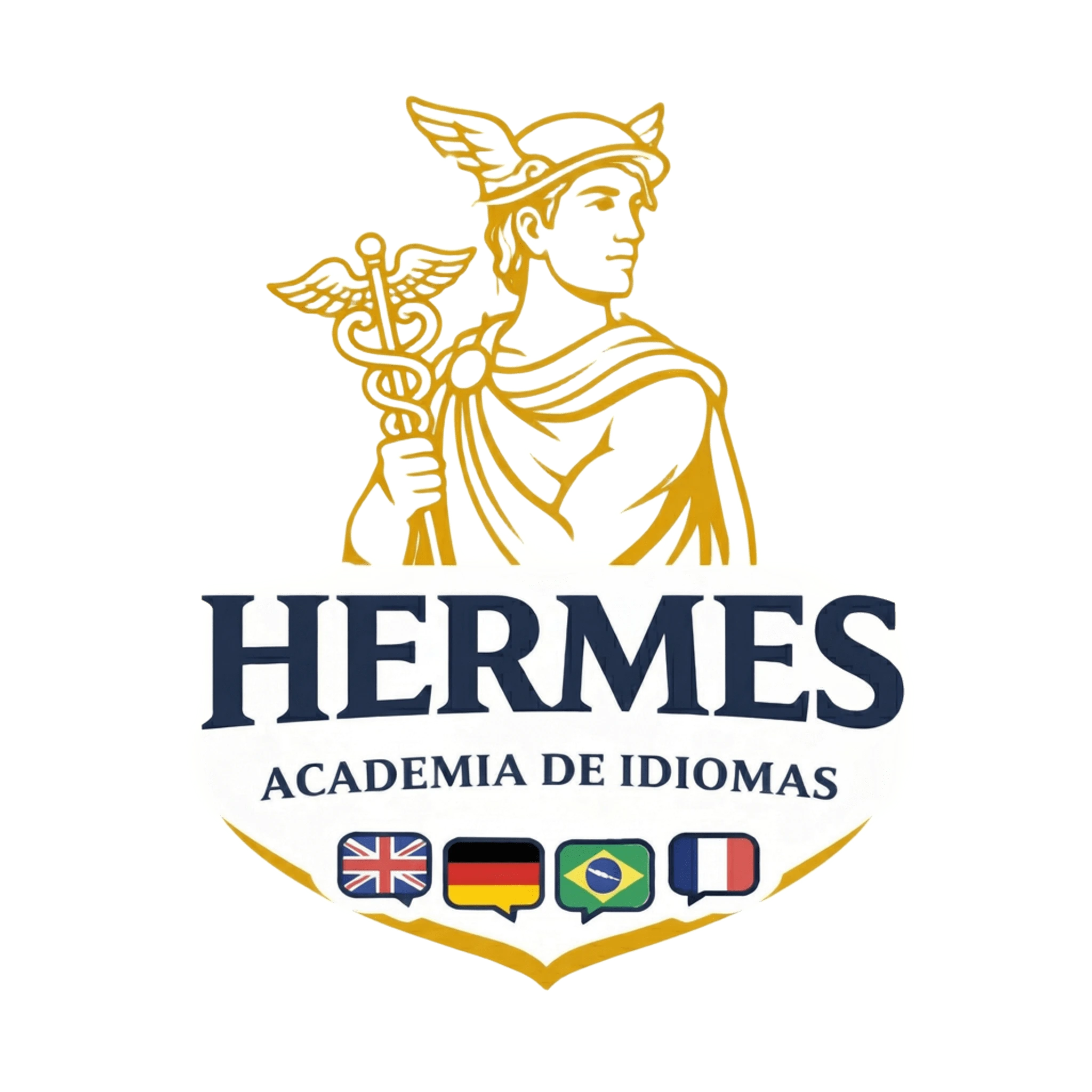 Logo oficial de Hermes Academia de Idiomas con detalles en dorado y tipografía Spectral, representando la conexión global y la excelencia educativa.