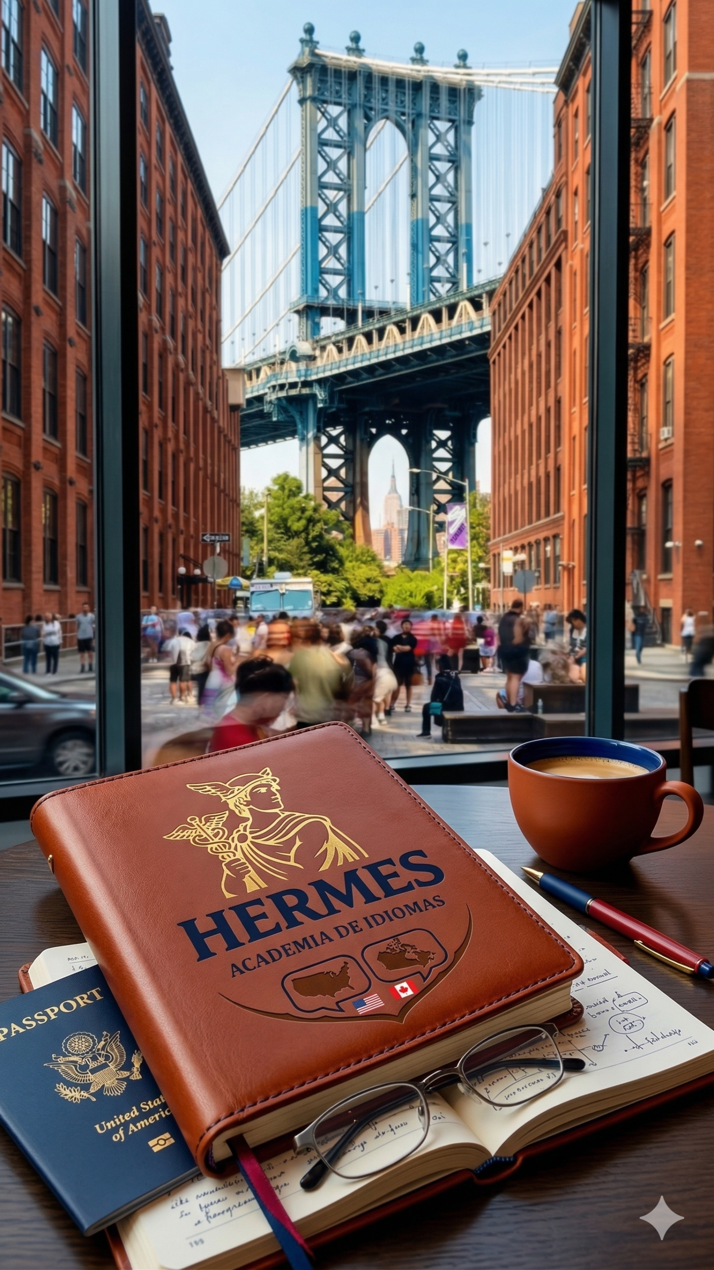 Rincón de estudio artístico con pincel, libro antiguo y café, representando las clases de francés en Hermes Academia.
