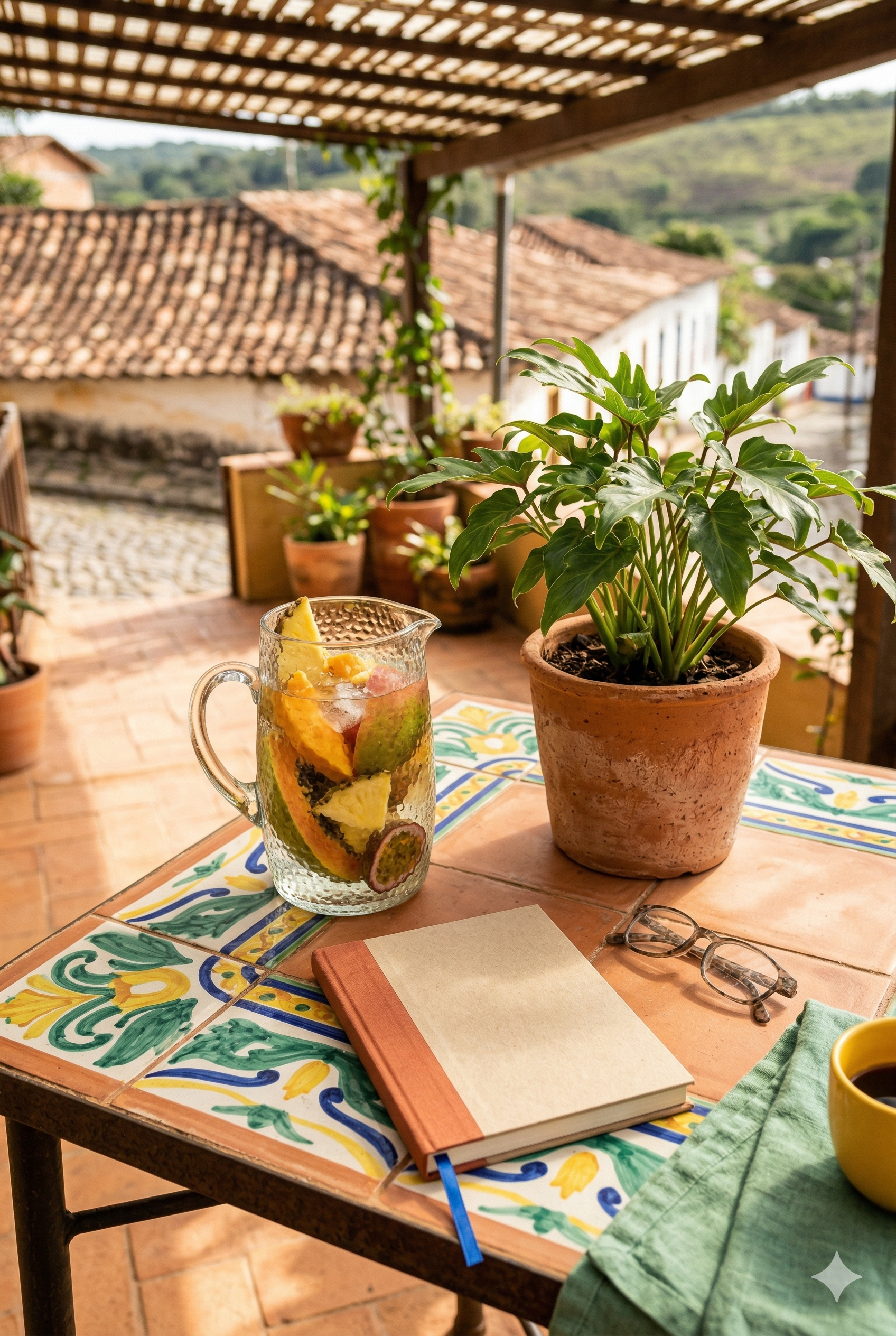 Rincón de estudio artístico con pincel, libro antiguo y café, representando las clases de francés en Hermes Academia.